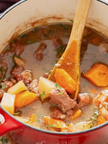 close up view of stew made of tender lamb meat with carrots and potatoes cooked in a Dutch oven.