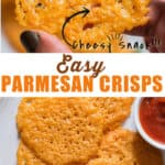 Parmesan crisps served with spicy marinara sauce on white ceramic plate with text