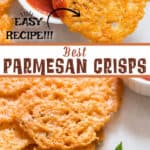 Parmesan crisps served with spicy marinara sauce on white ceramic plate with text