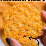 holding a baked Parmesan crisps with text