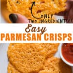 Parmesan crisps served with spicy marinara sauce on white ceramic plate with text