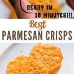 Parmesan crisps served with spicy marinara sauce on white ceramic plate with text