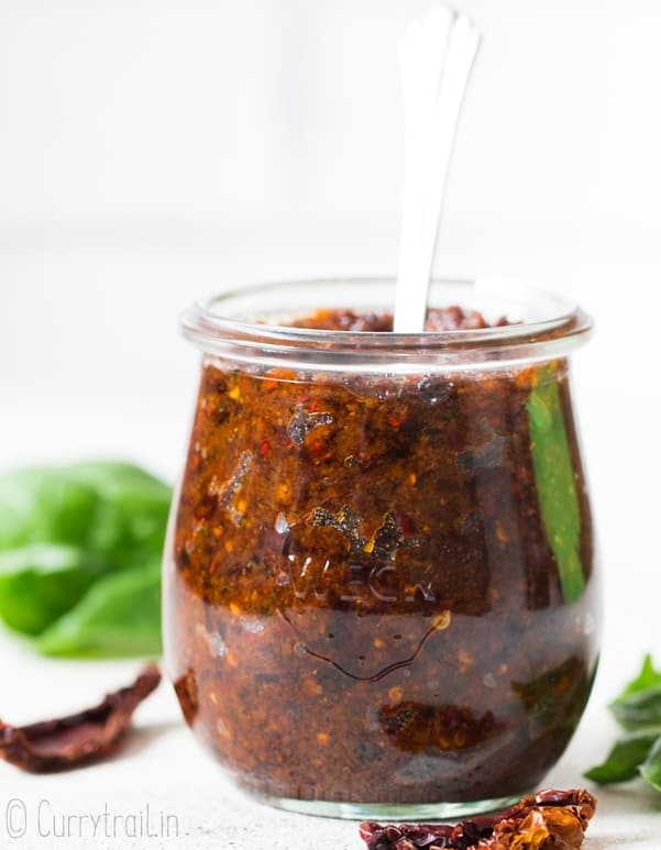 sun dried tomato pesto in glass jar