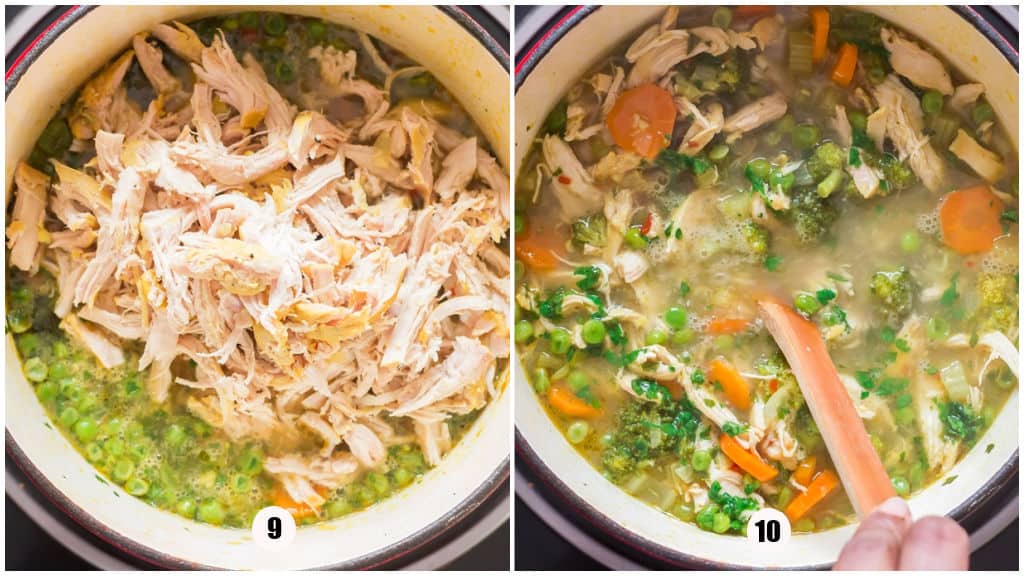 picture collage of making detox soup with shredded chicken.