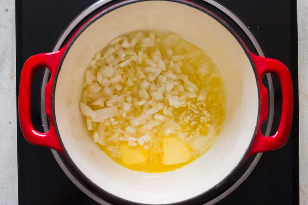 cooking onion and garlic in butter in cast iron pot