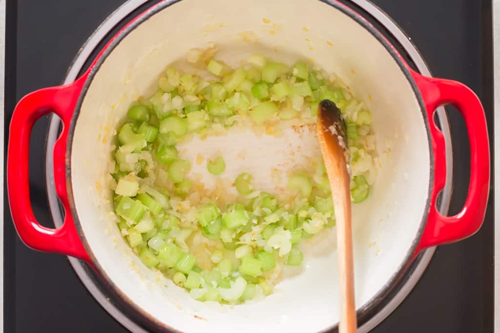 onions, celery, ginger, garlic sauted in soup pot