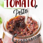 healthy pesto made of sun dried tomatoes with text