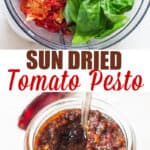 pesto made of sun dried tomatoes in food processor with text