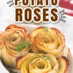 potato roses baked in oven served in dish with tomato ketchup on side overlaying text