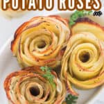 best baked potato roses served in dish with tomato ketchup on side overlaying text