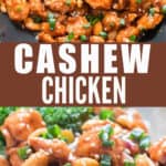 saucy cashew chicken cooked in wok served with rice with text