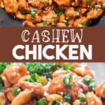 easy cashew chicken made in wok served with rice with text