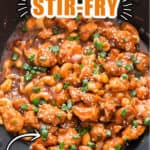 stir fried cashew chicken in wok with text overlay