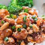 cashew chicken stir fry with text overlay