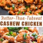 cashew chicken stir fry with text overlay