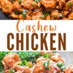 cashew chicken stir fry with text overlay