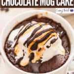 chocolate mug cake served with ice cream in mug with text