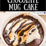 chocolate mug cake served with ice cream in mug with text