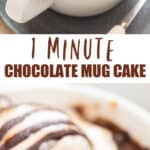 chocolate mug cake made in white mug with text overlay