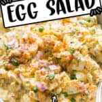 easy salad made of eggs in white bowl with text