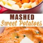 sweet potato mash served with cubes of butter in white bowl with text overlay