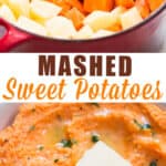 sweet potato mash served with cubes of butter in white bowl with text overlay