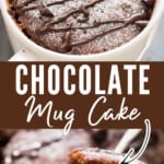 microwave chocolate mug cake in a white mug with chocolate chips with text.