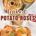 best baked potato roses served in dish with tomato ketchup on side overlaying text