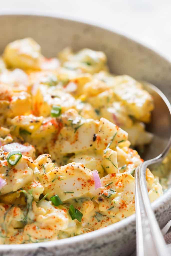 classic egg salad in white bowl