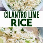 cilantro lime rice in ceramic bowl with text