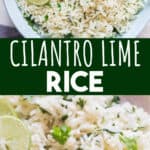 chipotle's copycat cilantro lime rice in ceramic bowl with text