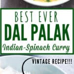 dal palak served in ceramic bowl with text overlay