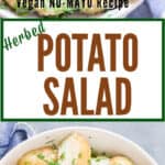 easy herby potato salad served in bowl with text overlay