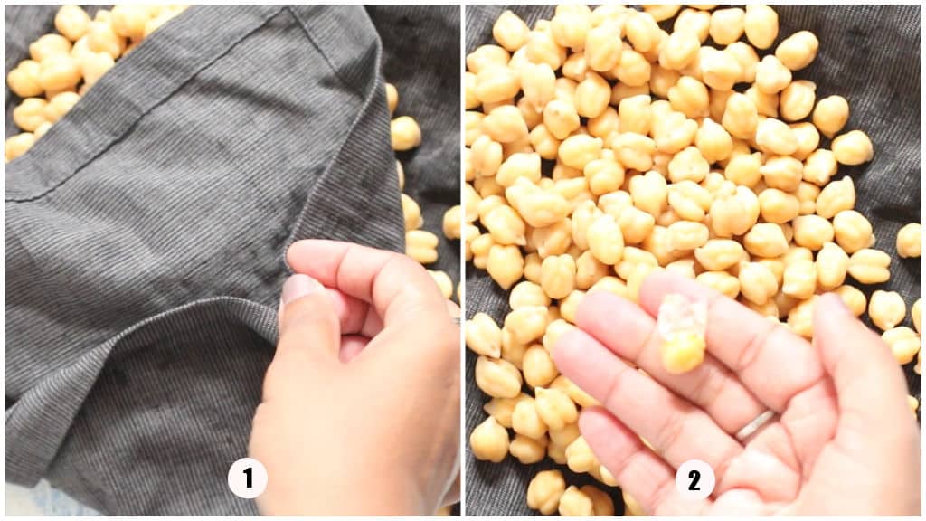peeling the skin off chickpeas.