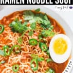 spicy sriracha ramen noodle soup with soft boiled eggs in ceramic bowl with text overlay