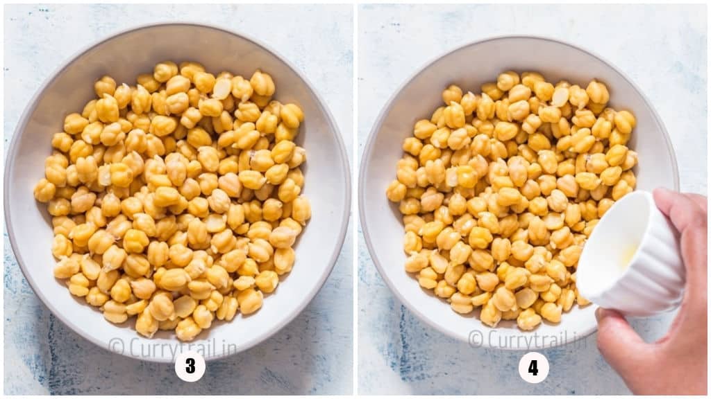adding olive oil to chickpeas.