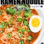 spicy sriracha ramen noodle soup with soft boiled eggs in ceramic bowl with text overlay