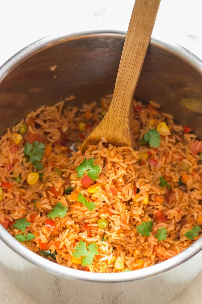 instant pot Mexican rice garnished with cilantro 
