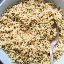 homemade seasoned rice in ceramic bowl