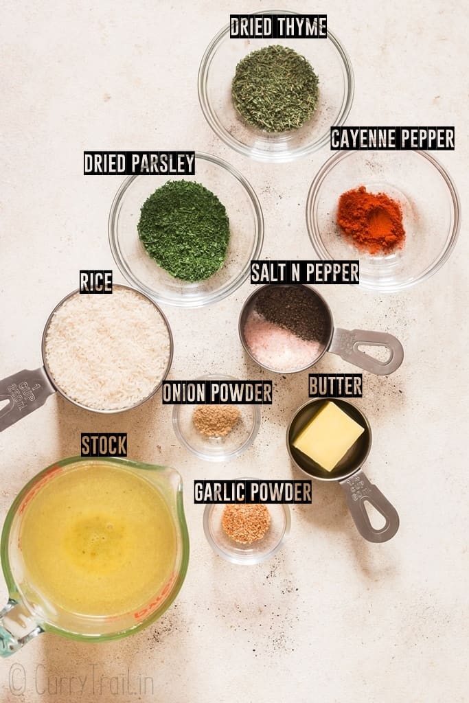 ingredients for seasoned rice on a board