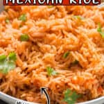 restaurant quality Mexican rice cooked in instant pot served in bowl with text