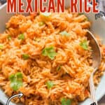 restaurant quality Mexican rice cooked in instant pot served in bowl with text