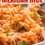 restaurant quality Mexican rice cooked in instant pot served in bowl with text