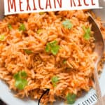 instant pot Mexican rice garnished with cilantro with text overlay