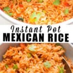 instant pot Mexican rice garnished with cilantro with text overlay