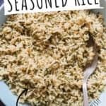 homemade seasoned rice in ceramic bowl with text overlay
