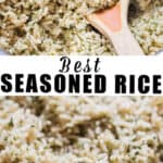 homemade seasoned rice in ceramic bowl with text overlay