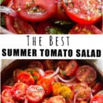 summer cherry tomato salad served in wooden salad bowl with text overlay