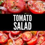 fresh tomato salad served in wooden salad bowl with text
