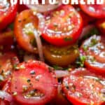 fresh cherry tomato salad in wooden bowl with text